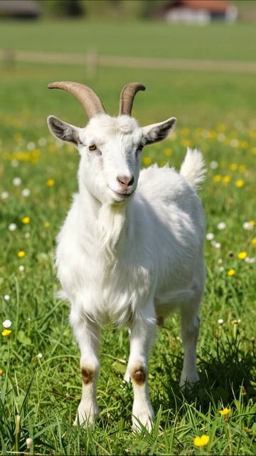 Улыбающаяся коза на зеленом лугу #коза #животные #природа