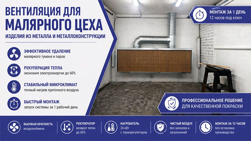 Вентиляция малярной камеры с рекуператором: Сухая фильтрация и автоматика нагрева 24 кВт