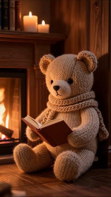 Медвежонок за книгой у камина #уют #медведь #чтение