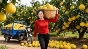 Собрала свежий грейпфрут, арбузы, кукурузу и куриные яица. Торговля на рынке. Купила сухой бамбук