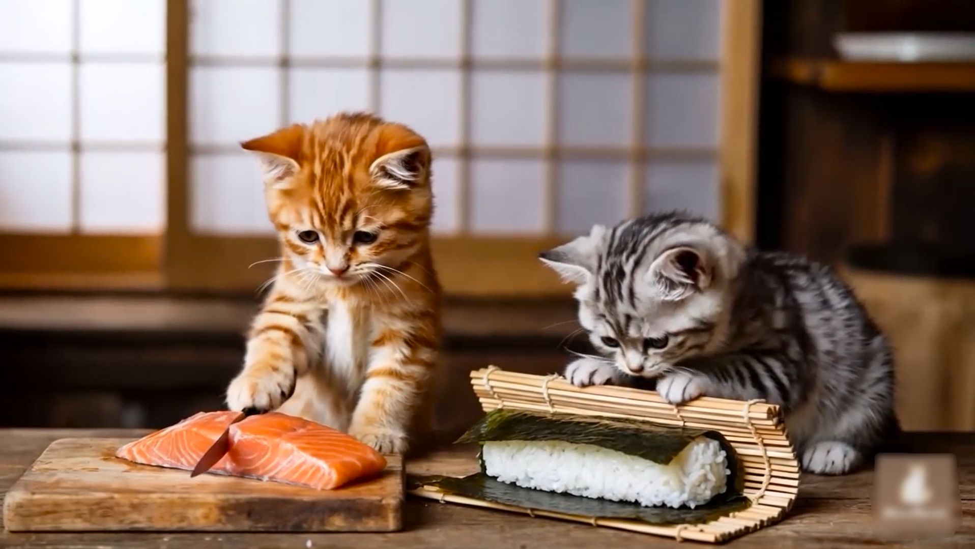 😹Милые маленькие котятки готовят вкусные роллы и суши🔥