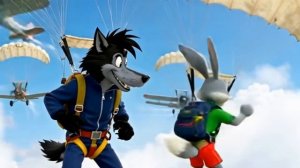 Ну погоди! заец и волк прыгают с парашютом