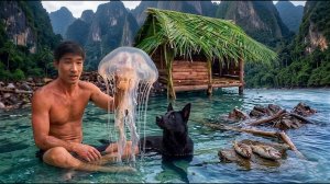 Выживание на необитаемом острове с моей собакой / Строим укрытие из мусора, ловим рыбу и едим медуз