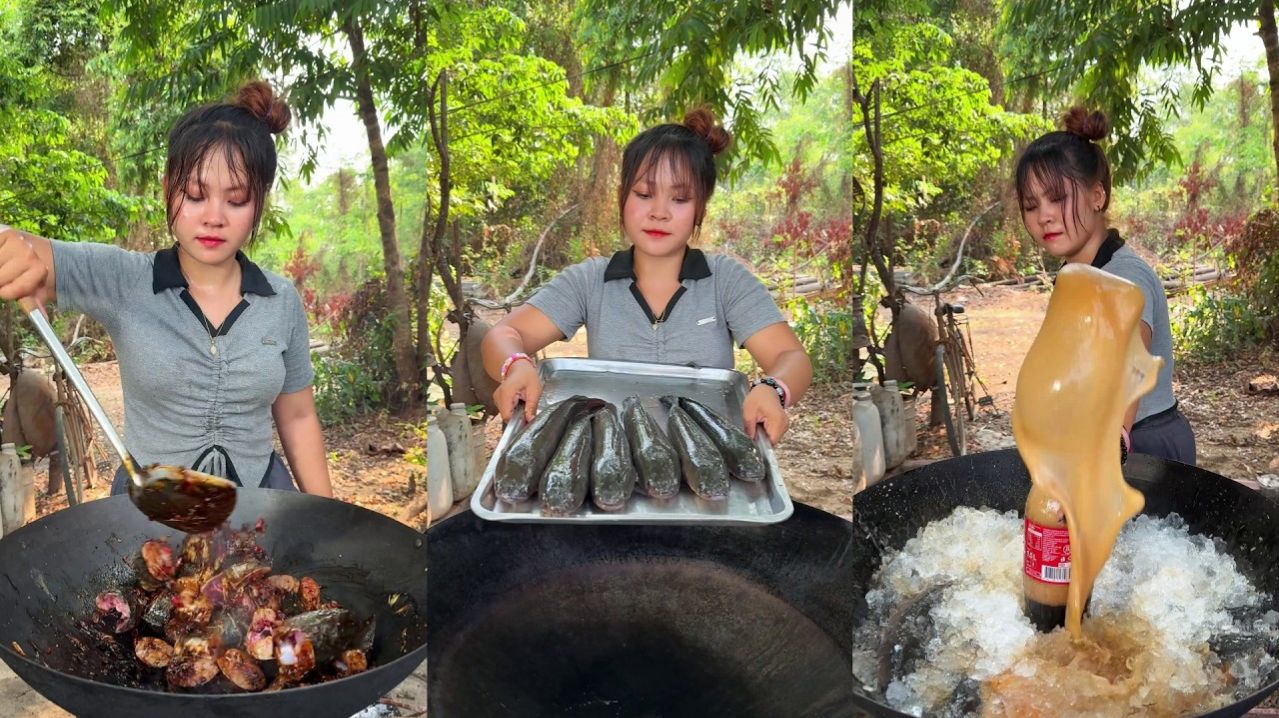 Девушка показывает потрясающий рецепт приготовления рыбы, тушенной с яйцами и колой