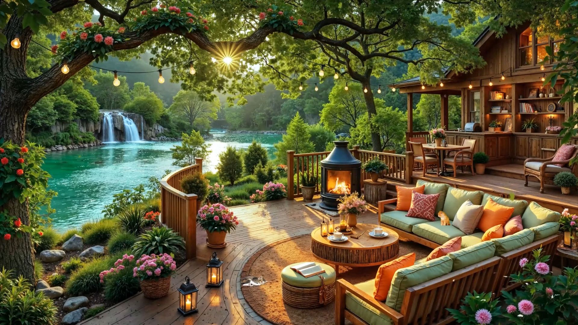 Джаз у Водопада с Камином | Уютная Музыка для Расслабления