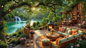 Джаз у Водопада с Камином | Уютная Музыка для Расслабления