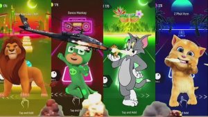 Битва мультяшек в Tiles Hop! 🦁🐱 Король Лев, Говорящий Том, Герои в масках и Том и Джерри