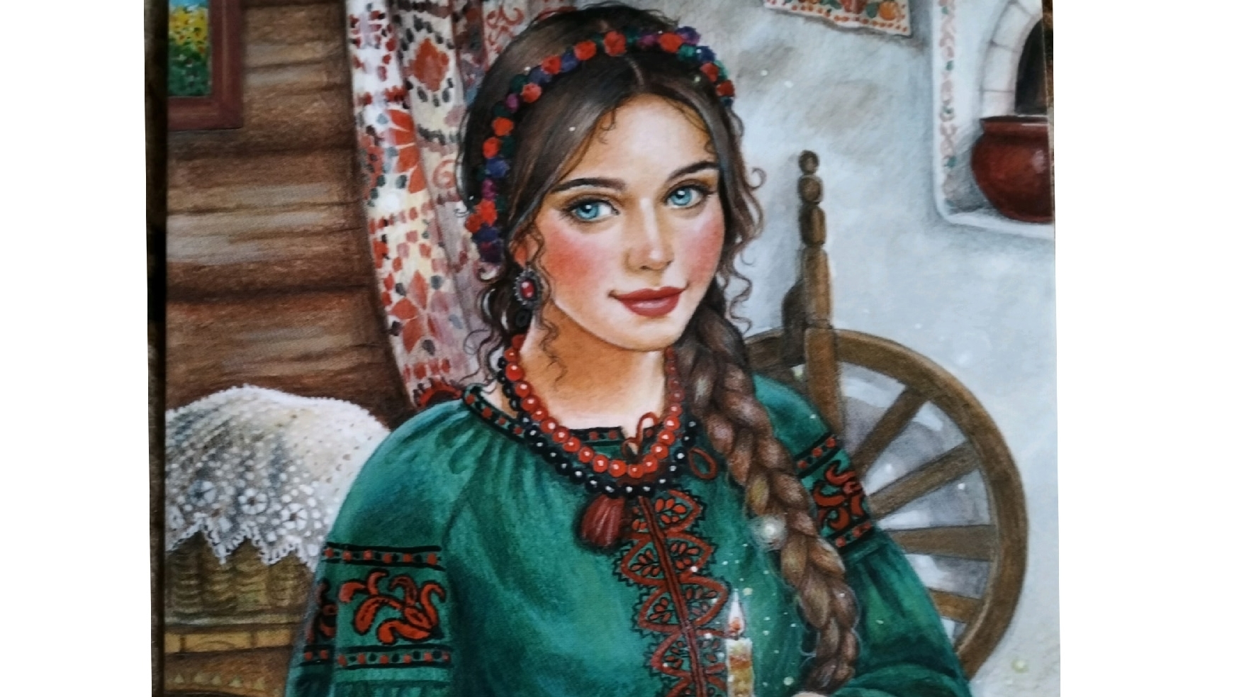 Славянская девушка в избе и серый умвающийся котик на открытке