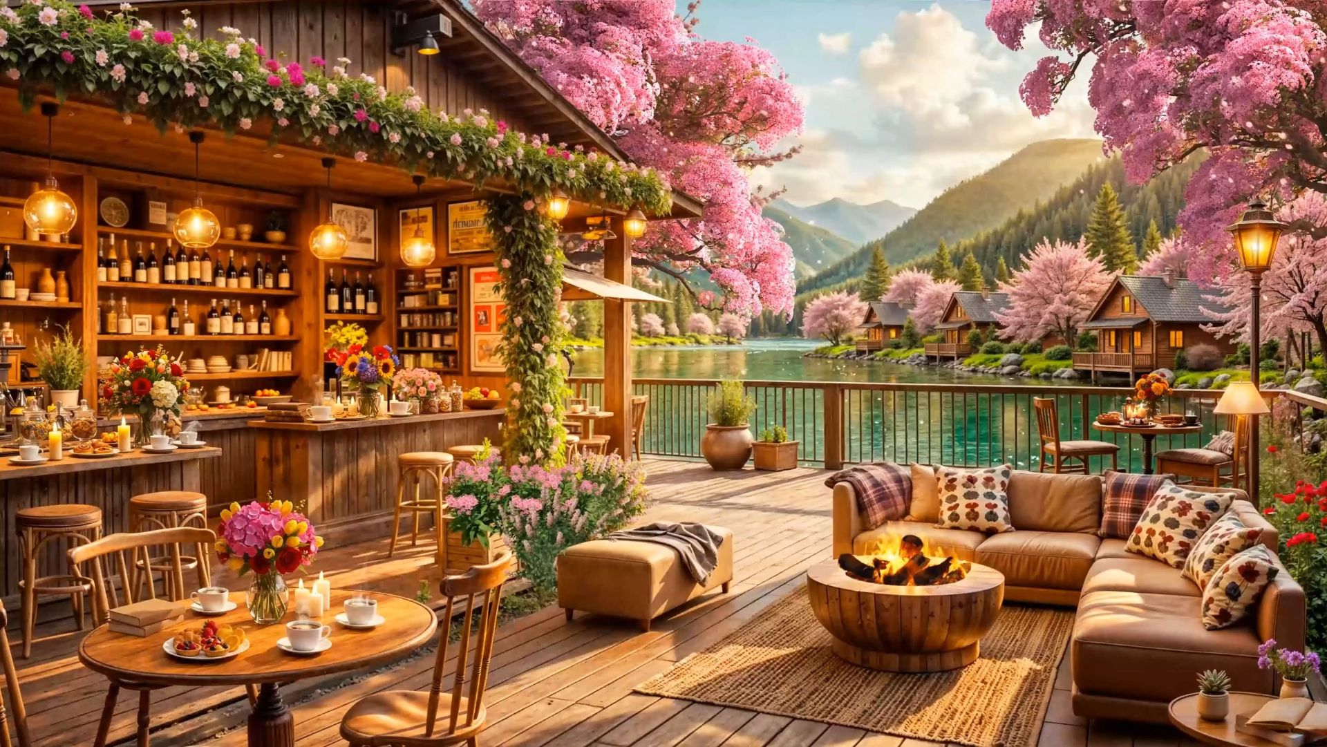 Весеннее Кафе у Озера с Камином 🌸🔥 Уютный Джаз для Отдыха и Расслабления