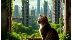 Кот среди руин разрушенного города
