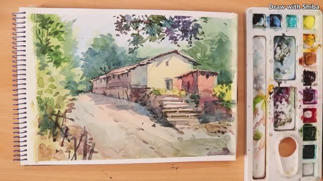 Акварельный пейзаж с деревенским домом