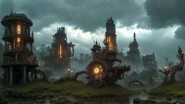 RUINS - space ambient - ethereal ambient music with steampunk style city visuals