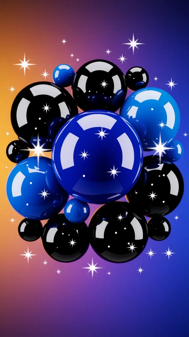 3D-дизайн, вращение сферы со звёздами и куб из разноцветного глянцевого материала.