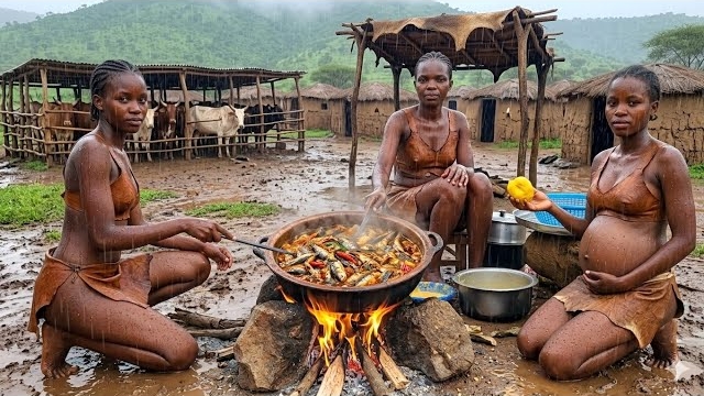 Прекрасный дождливый вечер в африканской деревне. Готовим пищу