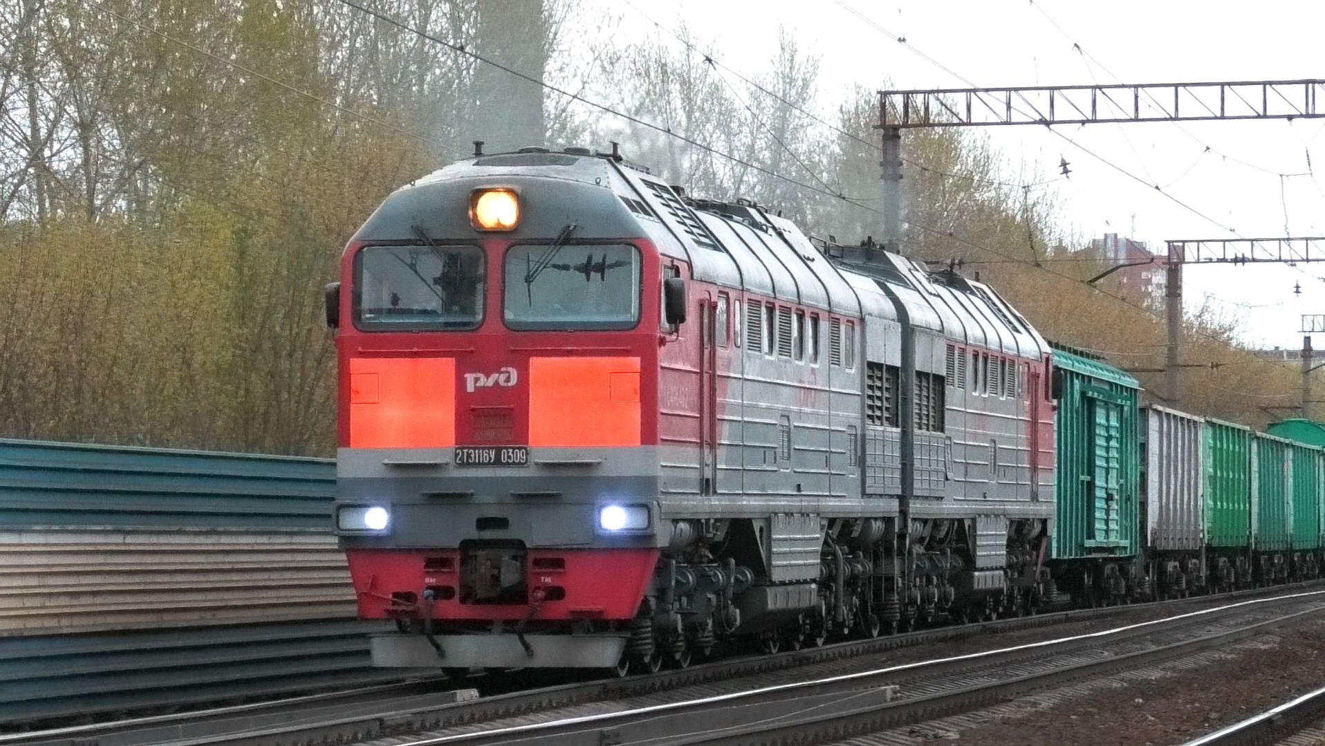 2ТЭ116У-0309 с грузовым поездом следует через о.п. Первомайская