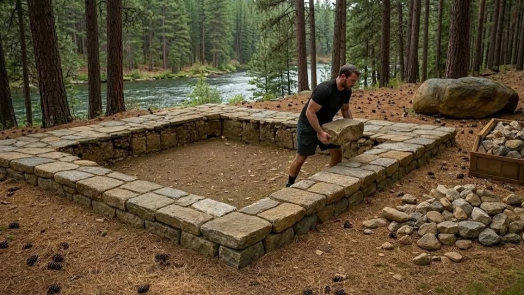 Мужчина строит дом из материалов которые нашёл в лесу, получилось отлично!