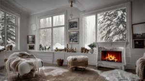 Камин и снегопад - атмосфера для отдыха