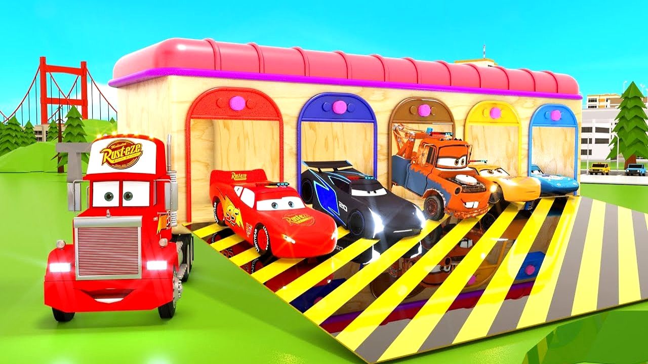 Изучаем цвета с мультфильмом Тачки 3 — Молния Маккуин Шторм и Диноко — Грузовик Мак перевозит Тачки