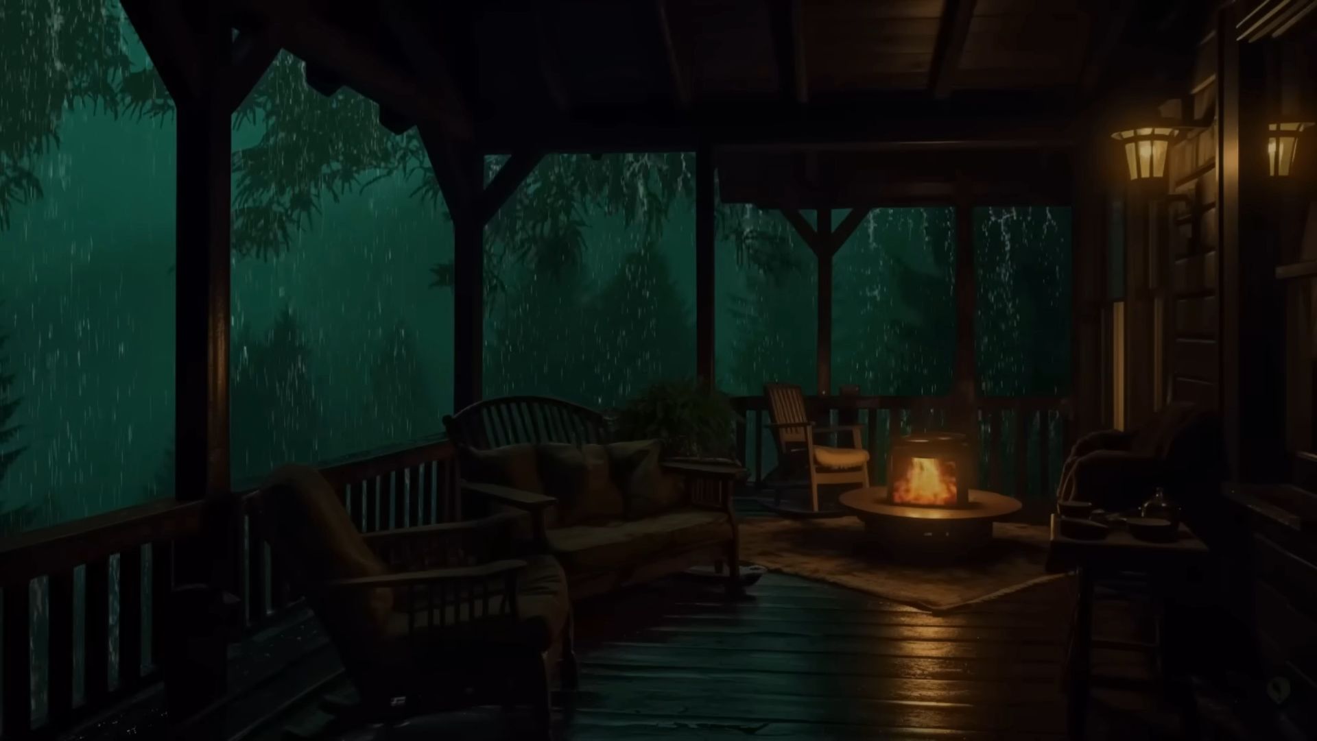 🌧️ Дождливая веранда с камином ночью | Уютная атмосфера для сна и расслабления