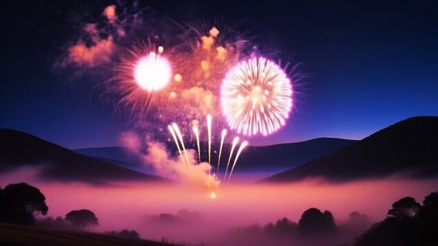 Фейерверки над туманным ландшафтом! Магия огней и природы. 