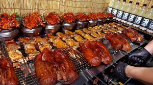 Сочное, копченое на соломе куриное гальби, курица приготовленная на углях - Корейская уличная еда