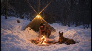Ночь в палатке в лесу во время сильного снегопада