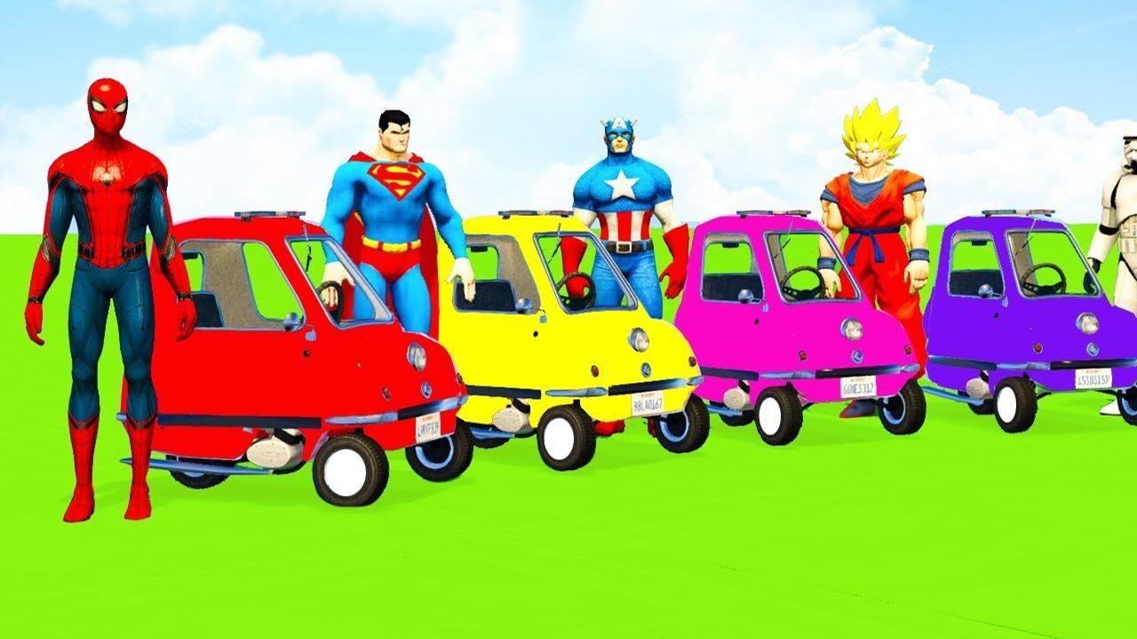 Цветные маленькие полицейские машинки и супергерои с человекам-пауком. Мультфильмы для детей