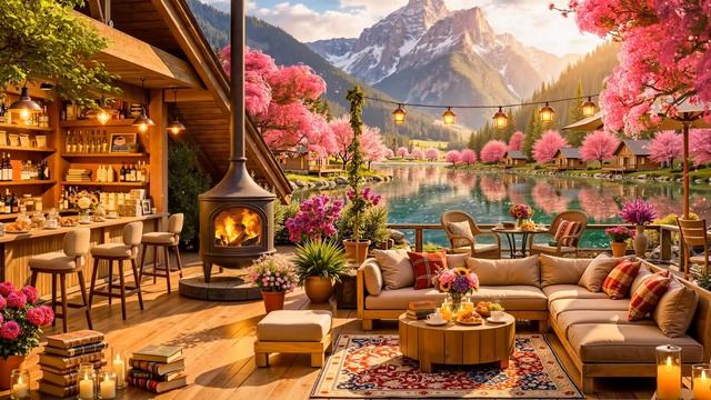 Уютный весенний вечер у камина у горного озера  Атмосфера отдыха и тепла
