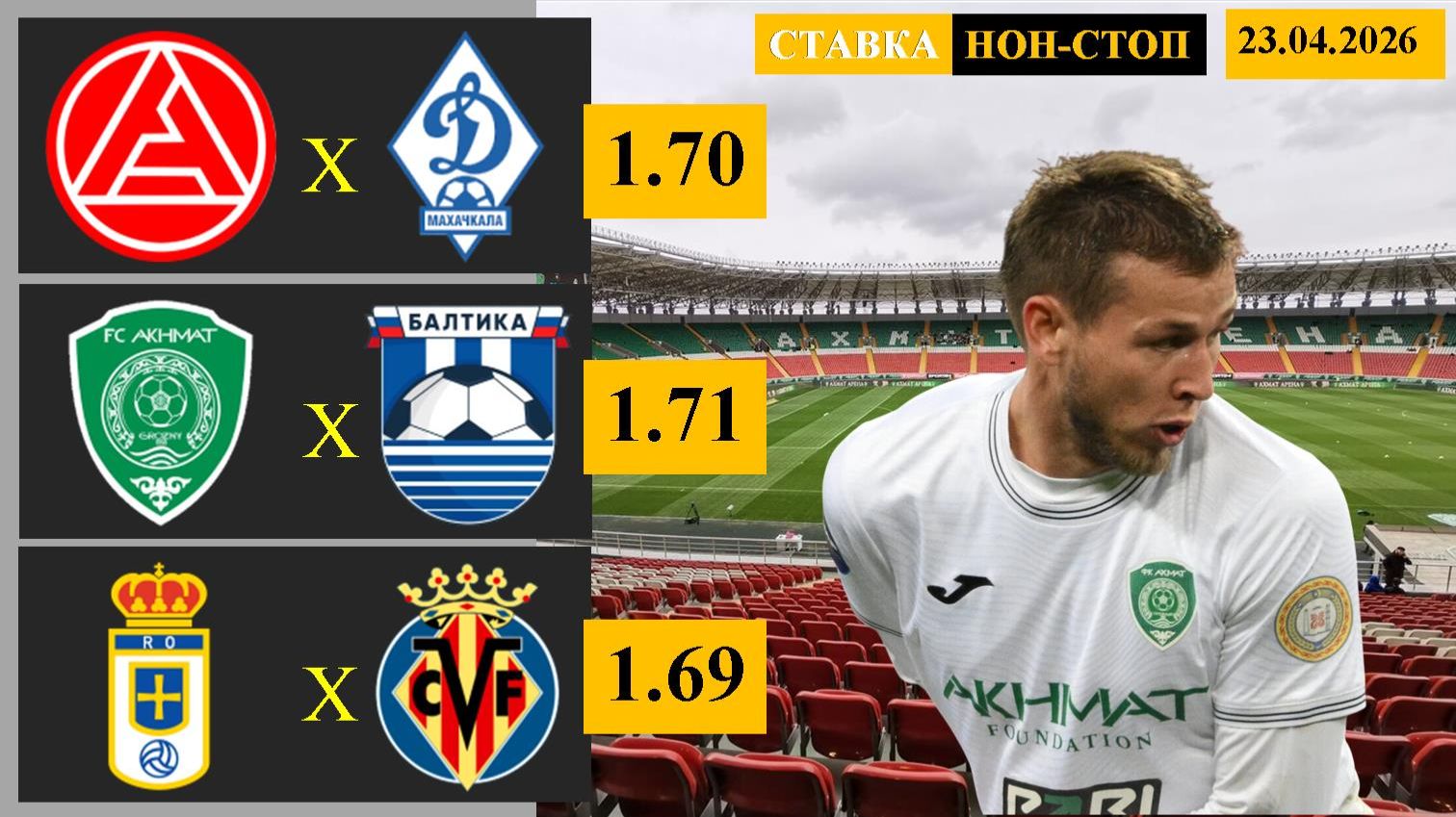 Акрон - Динамо Махачкала | Ахмат - Балтика | Овьедо - Вильярреал