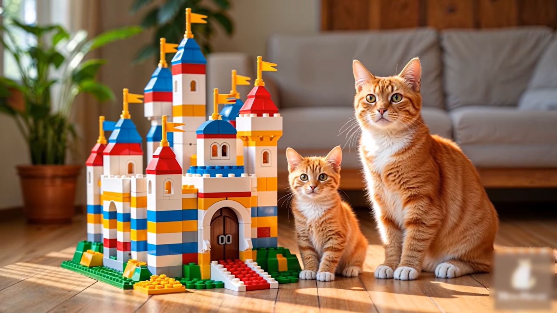 😹Мама кошечка и её маленький котёночек собирают красивые замки из конструктора🔥