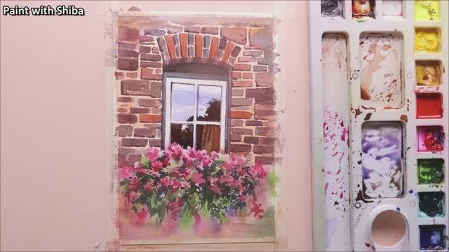 Простая акварельная картина для начинающих: красивое цветочное дерево и окно