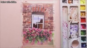 Простая акварельная картина для начинающих: красивое цветочное дерево и окно