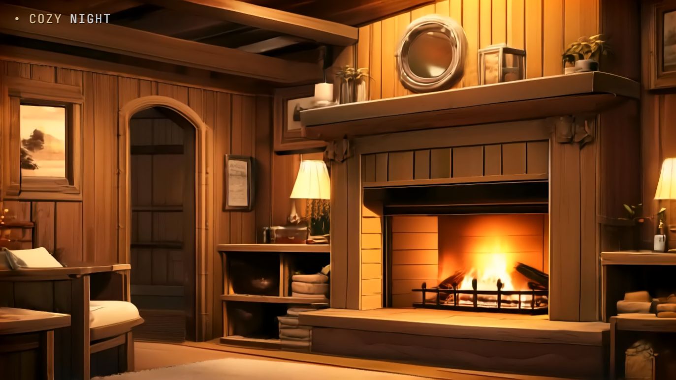 Свет от камина в избе — уютная фоновая анимация