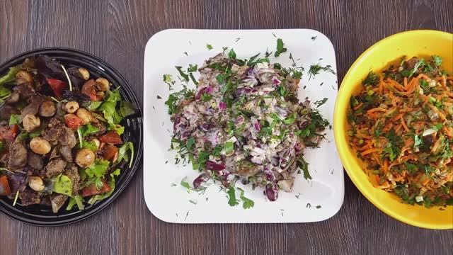 Три салата из куриной печени - с фасолью, корейской морковью и шампиньонами 🥗🍗