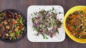 Три салата из куриной печени - с фасолью, корейской морковью и шампиньонами 🥗🍗