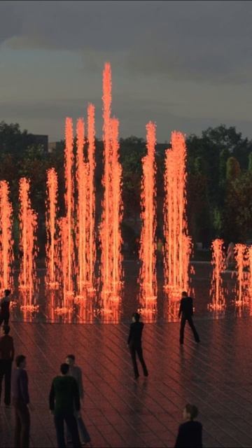 Пешеходный динамический фонтан Торнадо Ø 16,0 м с моноструйными и туманными форсунками, г. Выборг