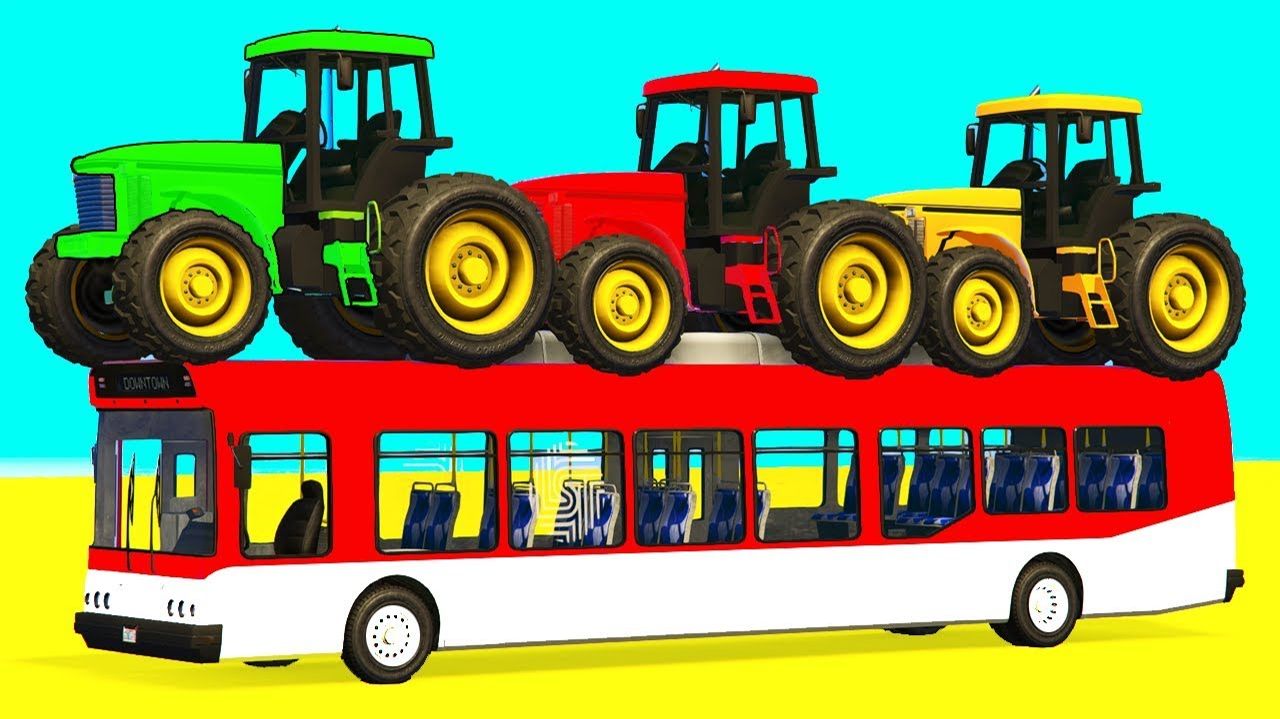 Цветные Тракторы на Автобусе с Человеком-пауком и Супергероями на Вертолете Мультфильмы для детей