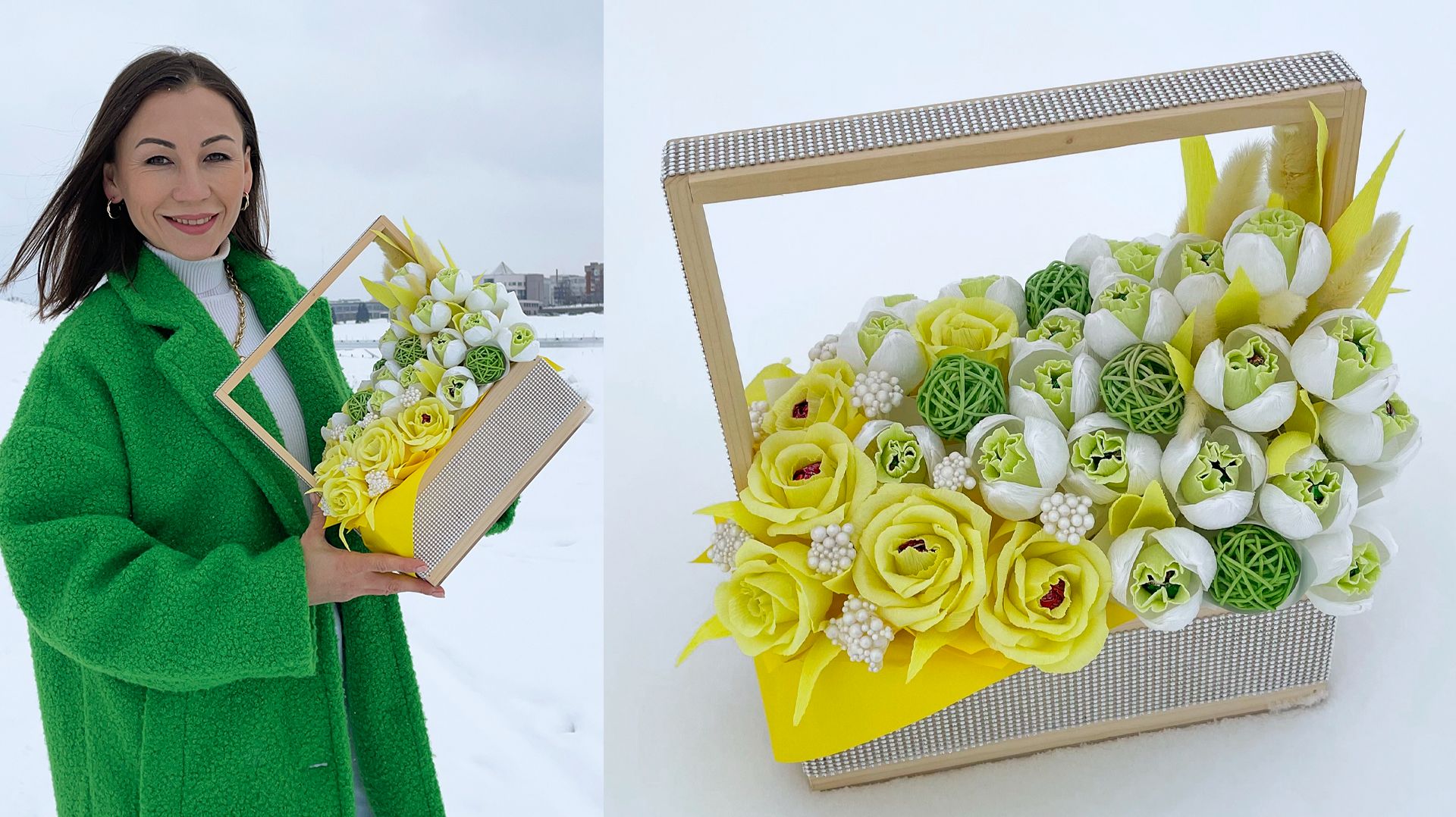 Весенний букет с розами и подснежниками из конфет и гофрированной бумаги