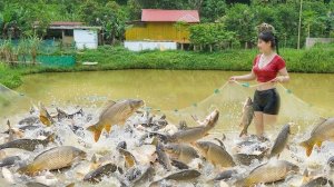 В одиночку сетью наловила богатый улов. Продала в деревне рыбу местным жителям. Нхат. Вьетнам
