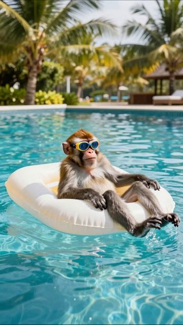 Обезьяна на пляже: отдых в бассейне #обезьяна #бассейн #лето #приключения