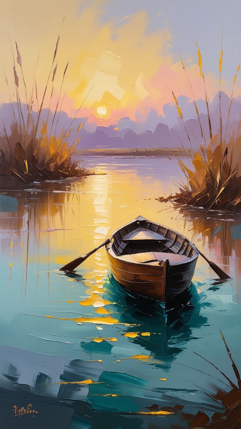 ИИ пишет картину мазок за мазком — лодка на рассвете