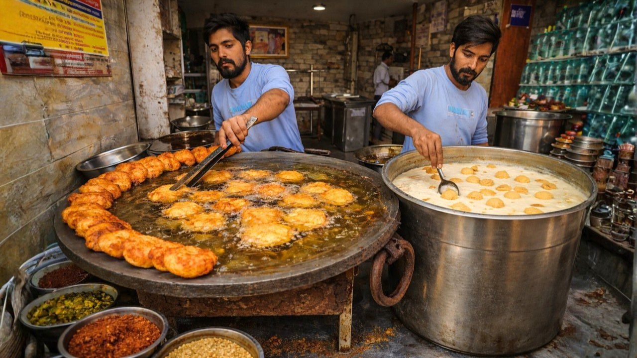 Внутри уличного магазина индийской фабрики Mega Tikki Factory  Непрерывный процесс обжарки в масле