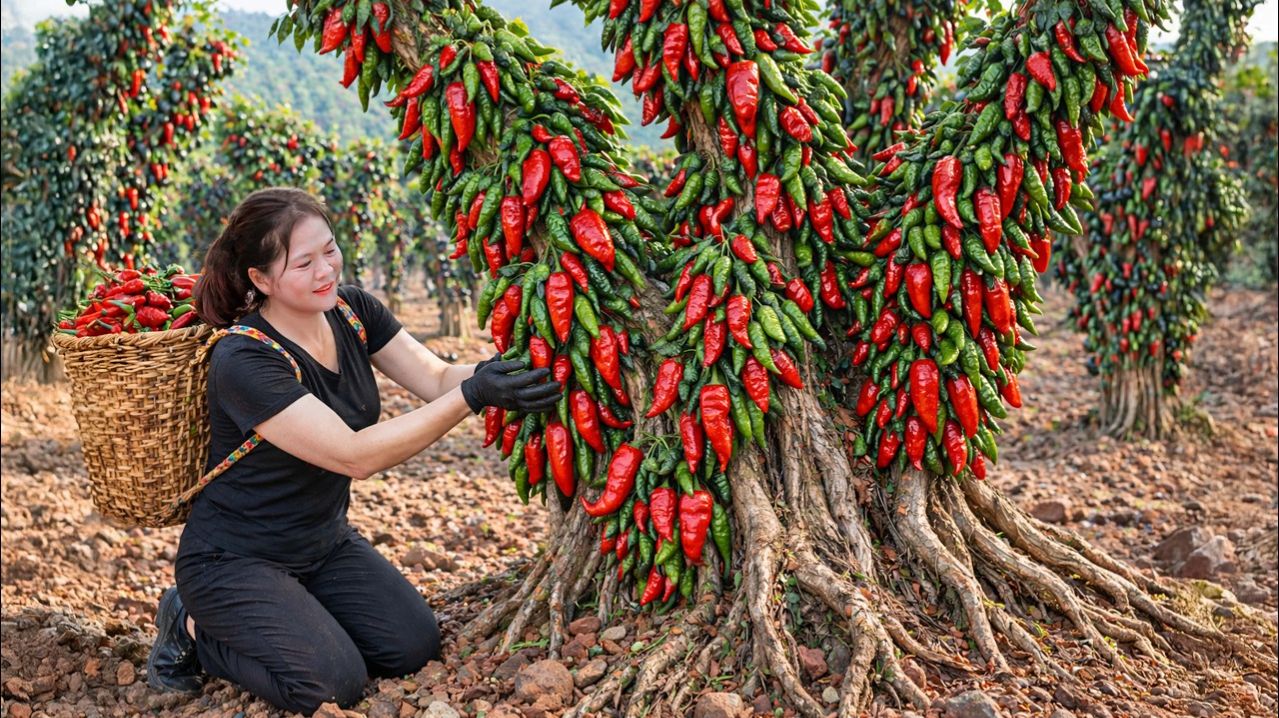 Сбор урожая редкого болгарского перца для продажи. Традиционный рецепт кисло-сладкого жареного перца