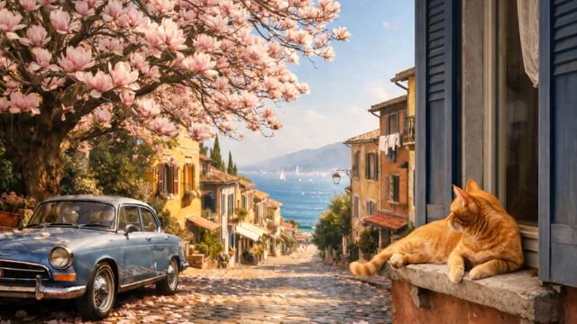 есенний прибрежный город 🌸 Кот у окна и море | Уютное видео для отдыха и релакса 4K