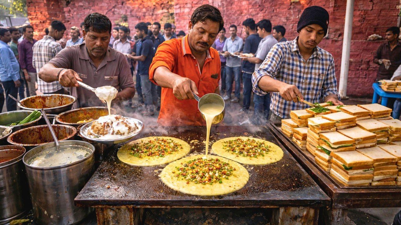 В оживленном уличном киоске с едой в Индии  Марафон Чилла Доса, сэндвичей и Дахи Вада