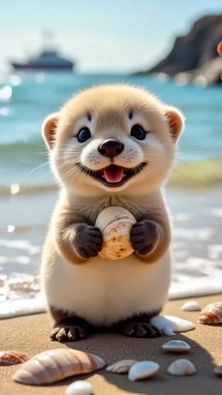 Выдрёнок с ракушкой в лапках на берегу озера