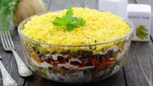 Бюджетный салат на праздничный стол: «Печенкин» с печенью, грибами и корейской морковью