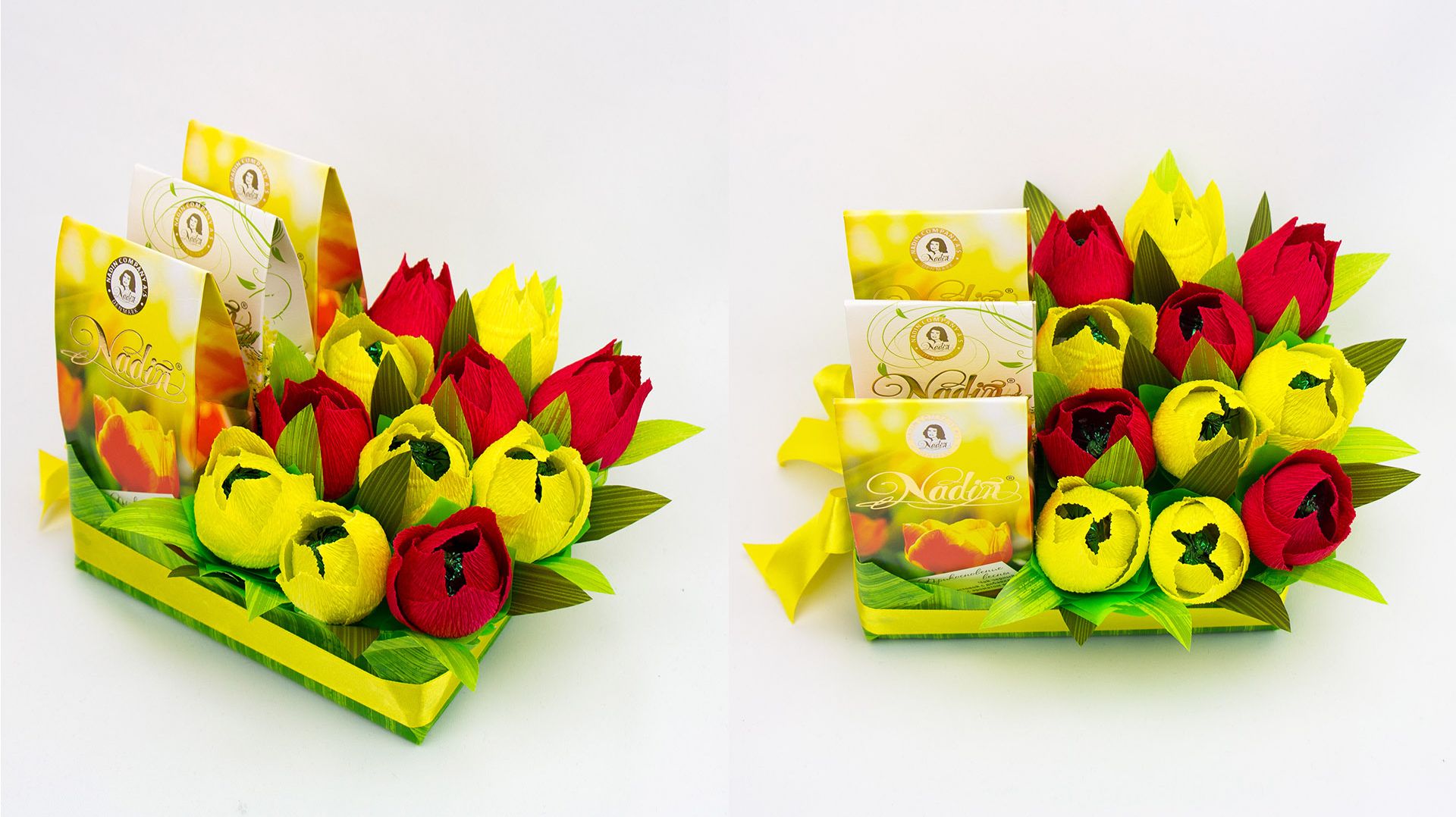 Дарим чай красиво. Весенняя композиция с цветами из конфет и коробкой чая