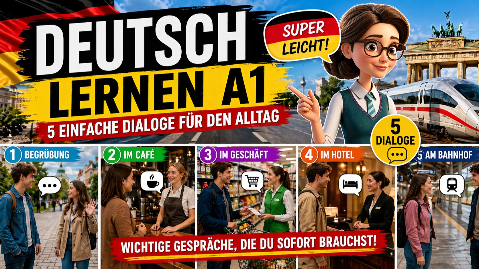 Немецкий язык А1: 5 простых диалогов на каждый день Супер легко!