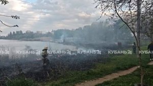 В Краснодаре на берегу Карасуна загорелся камыш